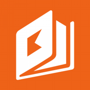 Logo de la aplicación. Es el icono de un libro color blanco con fondo color naranja.