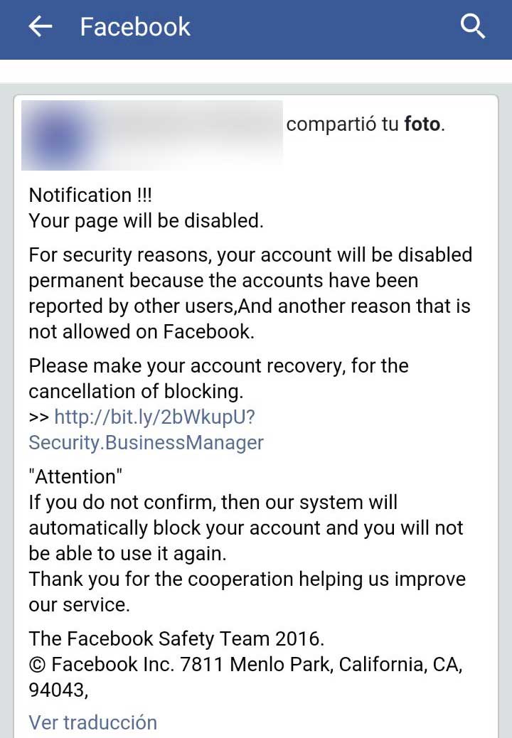 Notificación falsa Facebook