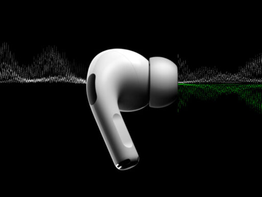 Un audífono inalámbrico de Apple color blanco del que salen ondas sonoras.