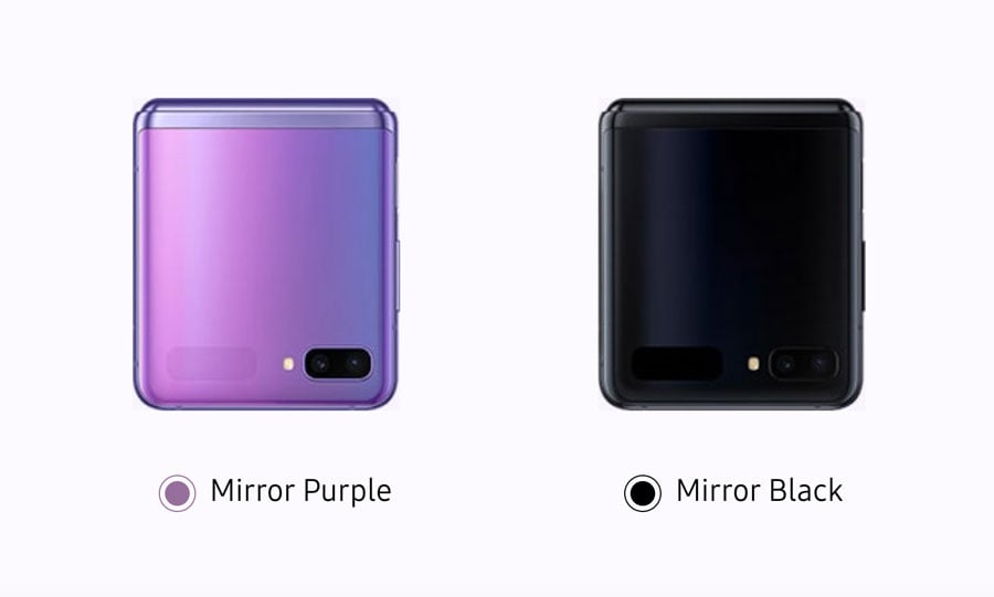Celulares Galaxy Z Flip doblados y en sus colores Mirror Purple y Mirror Black.