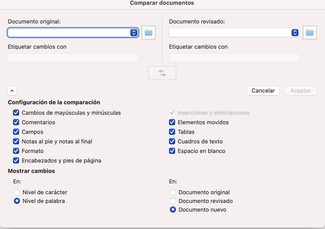 Opciones para comparar documentos en Word