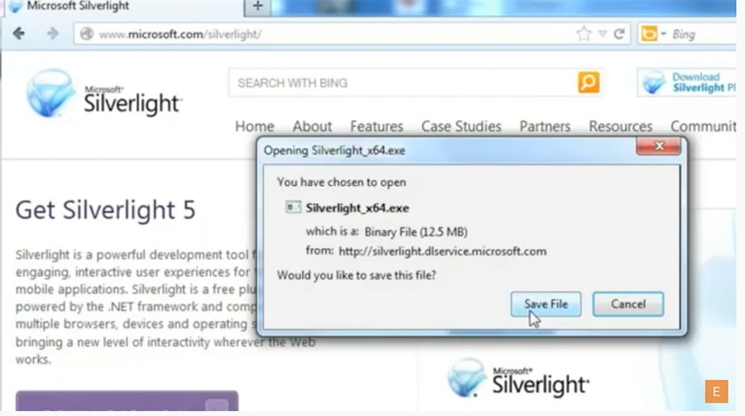 La vieja pantalla de instalación de Silverlight