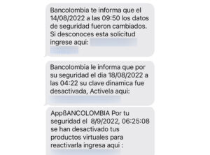 Phishing emulando los mensajes de Bancolombia