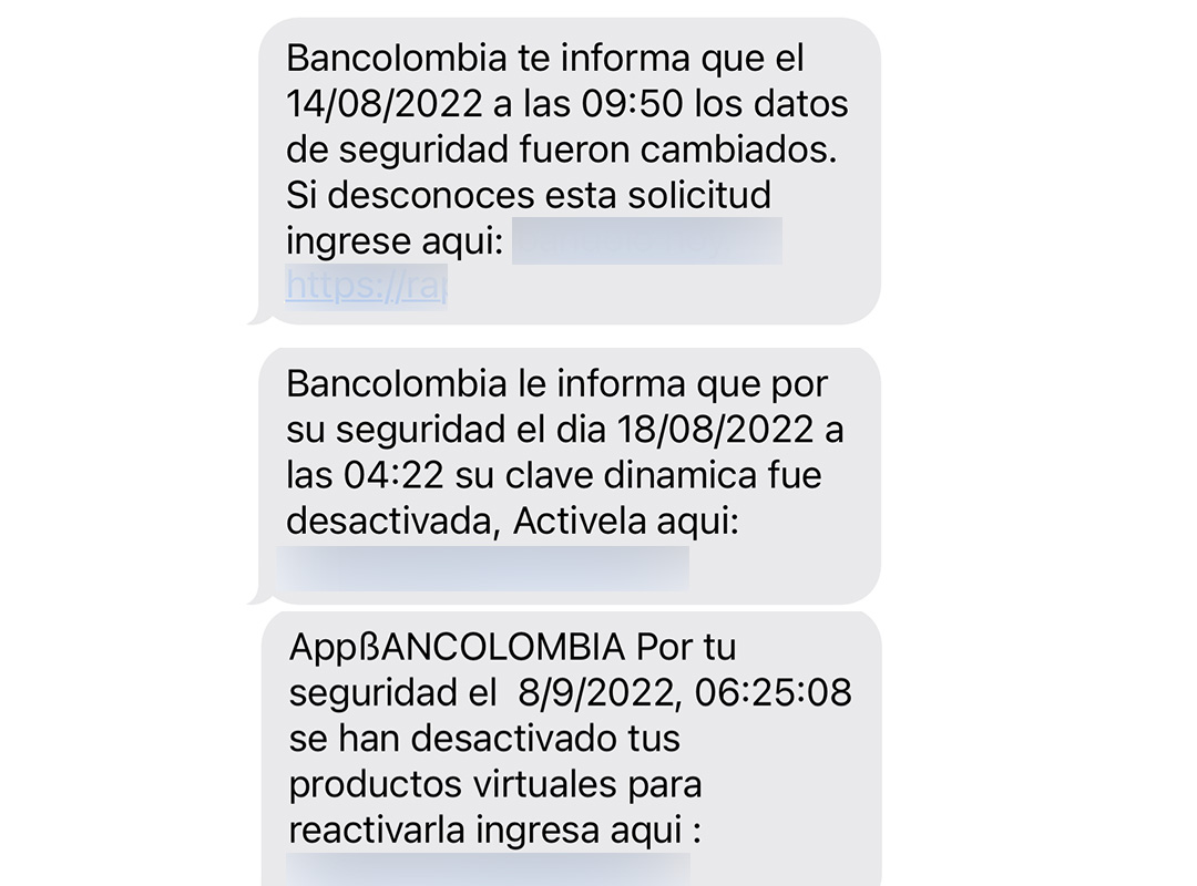 Phishing emulando los mensajes de Bancolombia