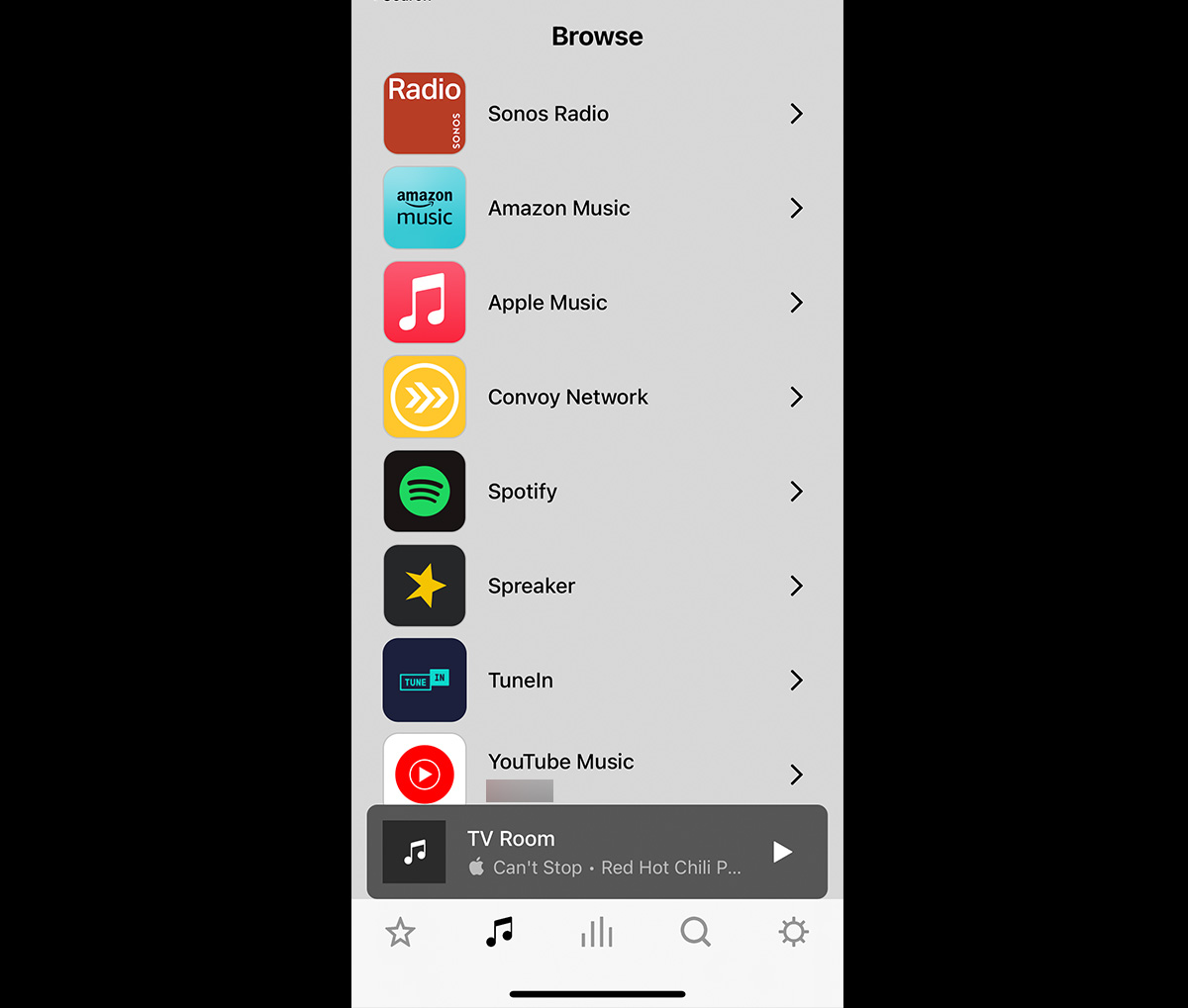 Algunas opciones de Streaming en la app de Sonos