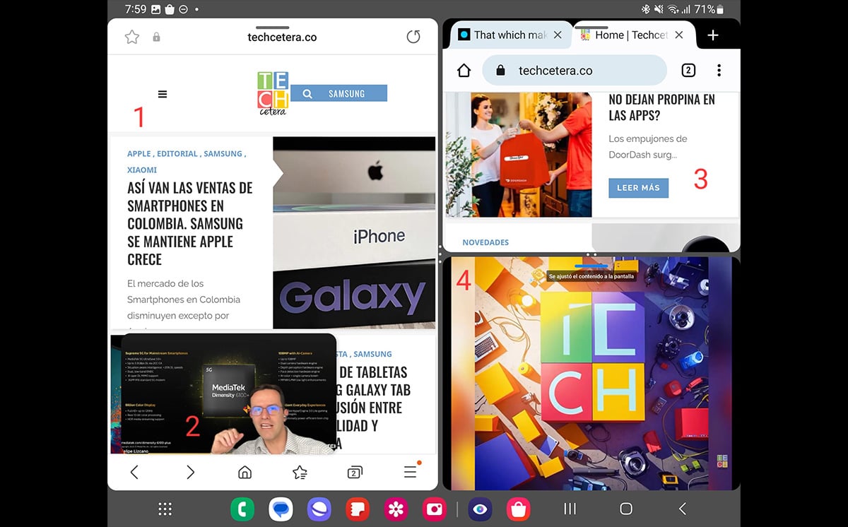 Multitarea con 4 apps en el Galaxy Z Fold 5