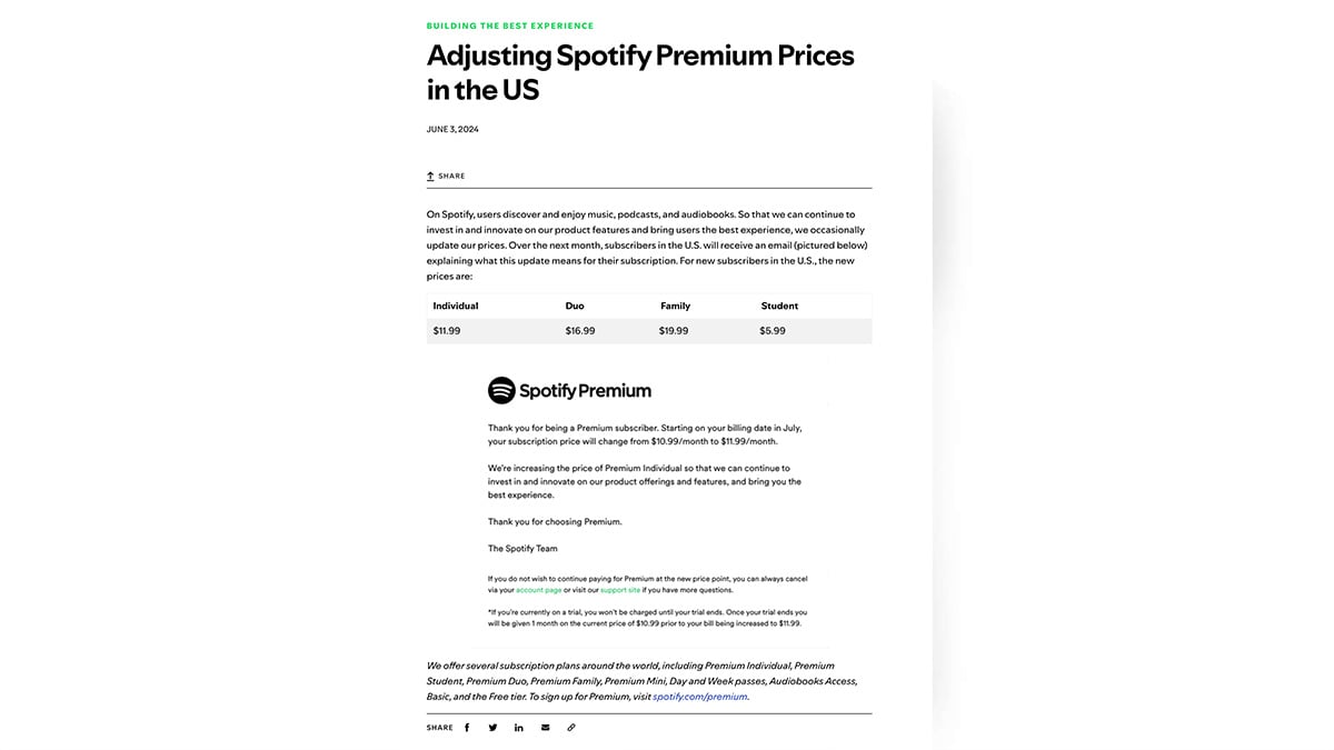 La membresía de Spotify será más cara
