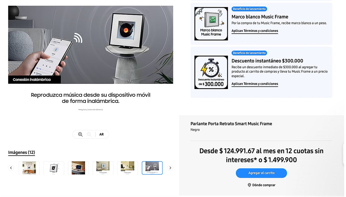 Los diferentes descuentos de Music Frame en la tienda de Samsung Colombia