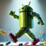 android hecho de lego con piezas cayendo