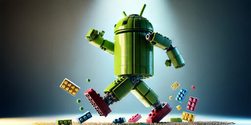 android hecho de lego con piezas cayendo