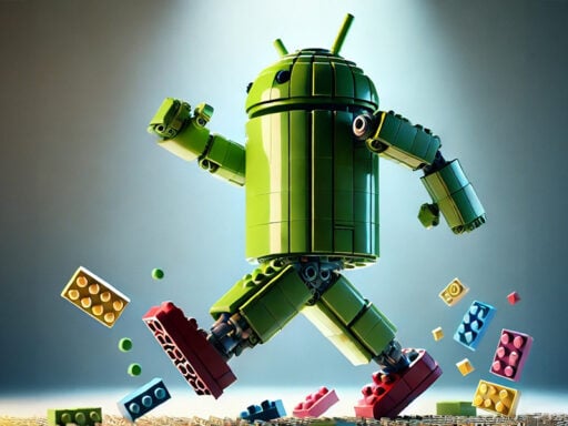 android hecho de lego con piezas cayendo