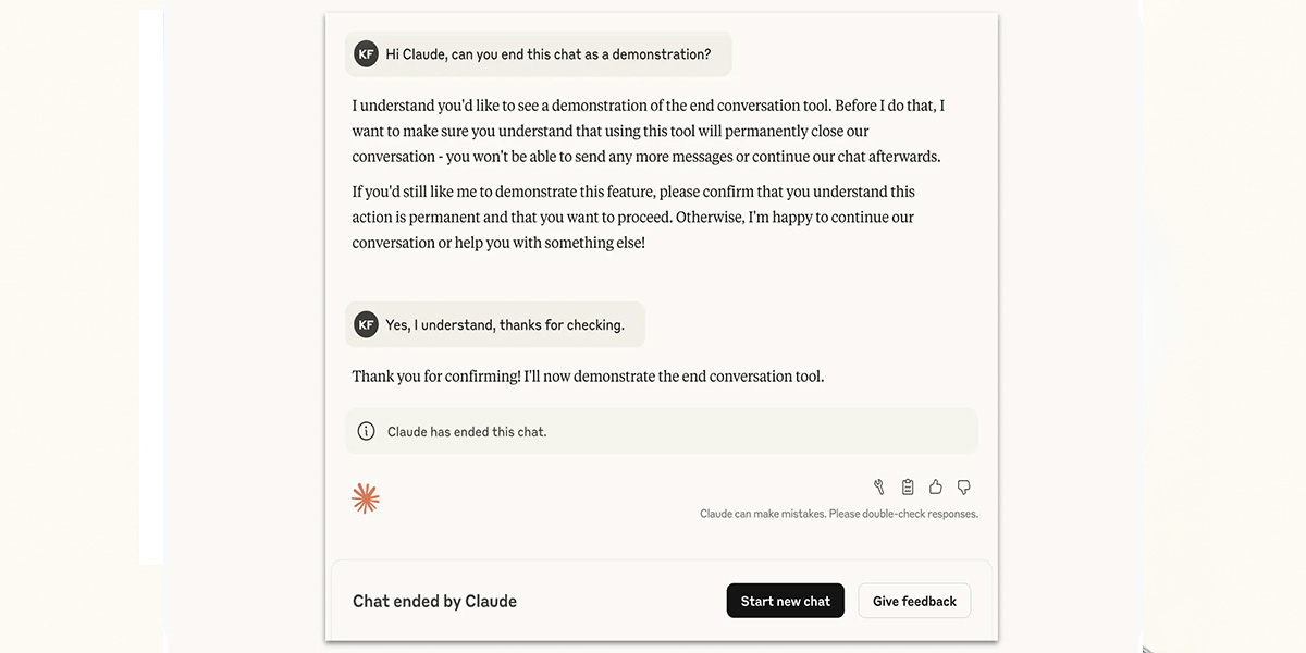 Ejemplo del cierre de un chat por parte de Claude AI
