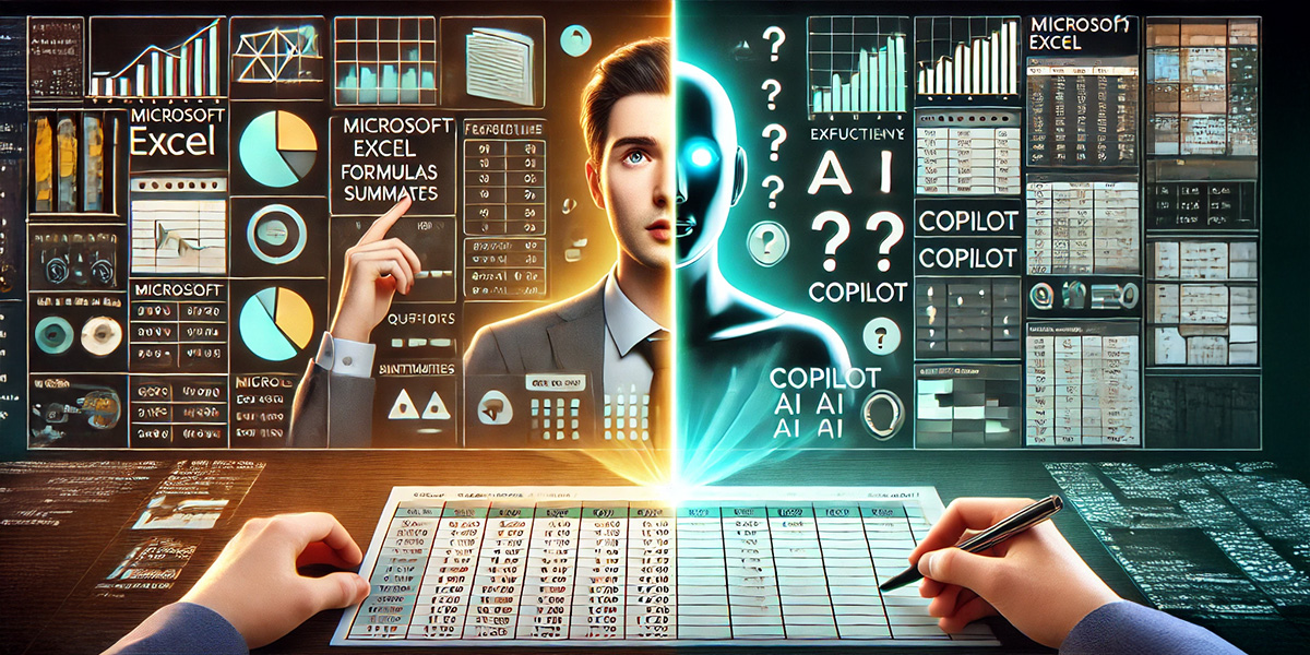 Ilustración con IA de la dualidad del humano vs Copilot en Excel