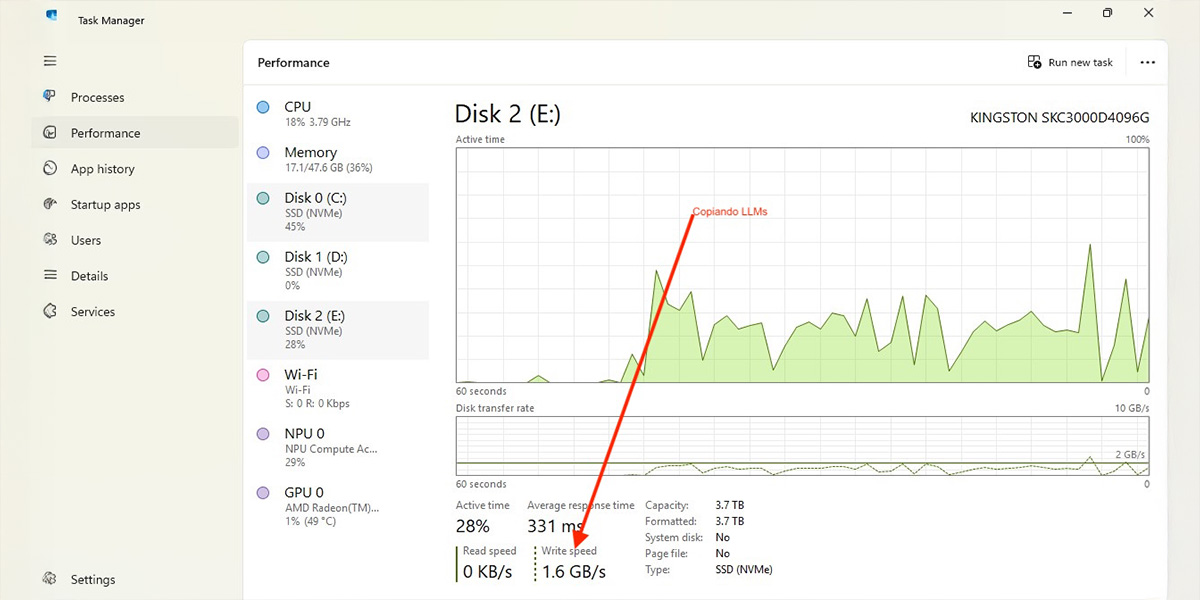 Velocidad copiando LLMs de un SSD al Kingston