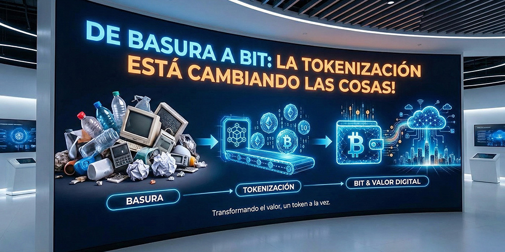 Ilustración hecha con IA del proceso de añadir tokens al reciclaje