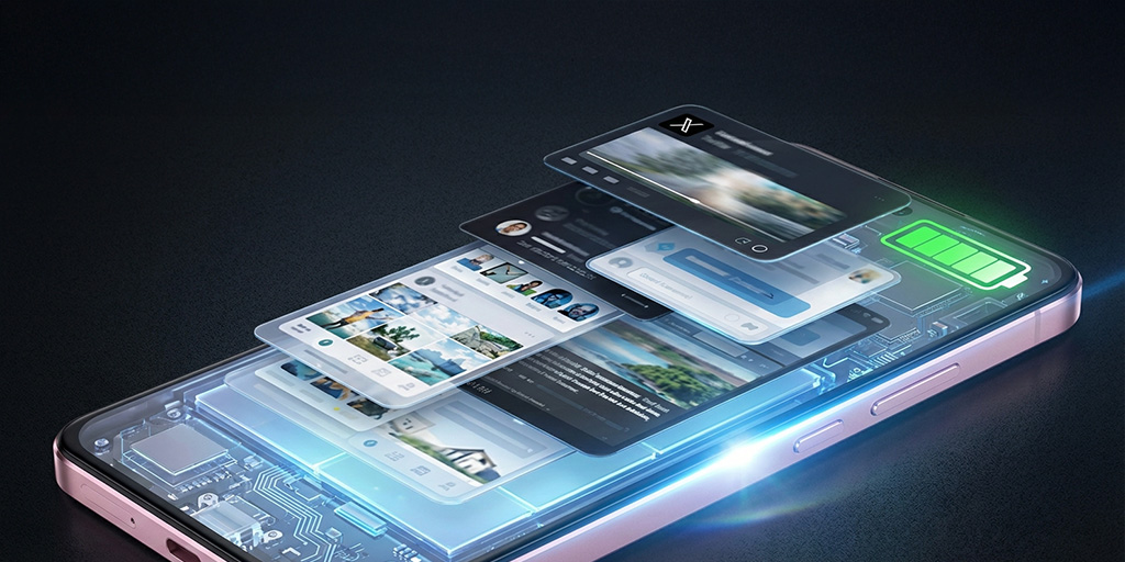 Ilustración de como el Dimensity 6300 conserva la energía pese a correre varios procesos