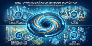 Ilustración generada con IA acerca del Efecto Vortice a nivel de conectividad
