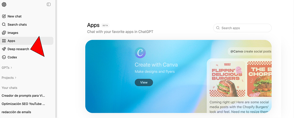 La opción de Deep research reaparece en el menú