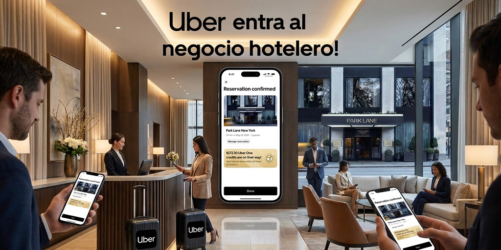 Ilustración generada con IA acerca de Uber entrando al negocio hotelero