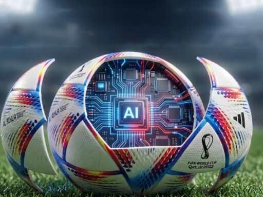 Imagen generada con IA acerca del balón del mundial con mucha tecnología