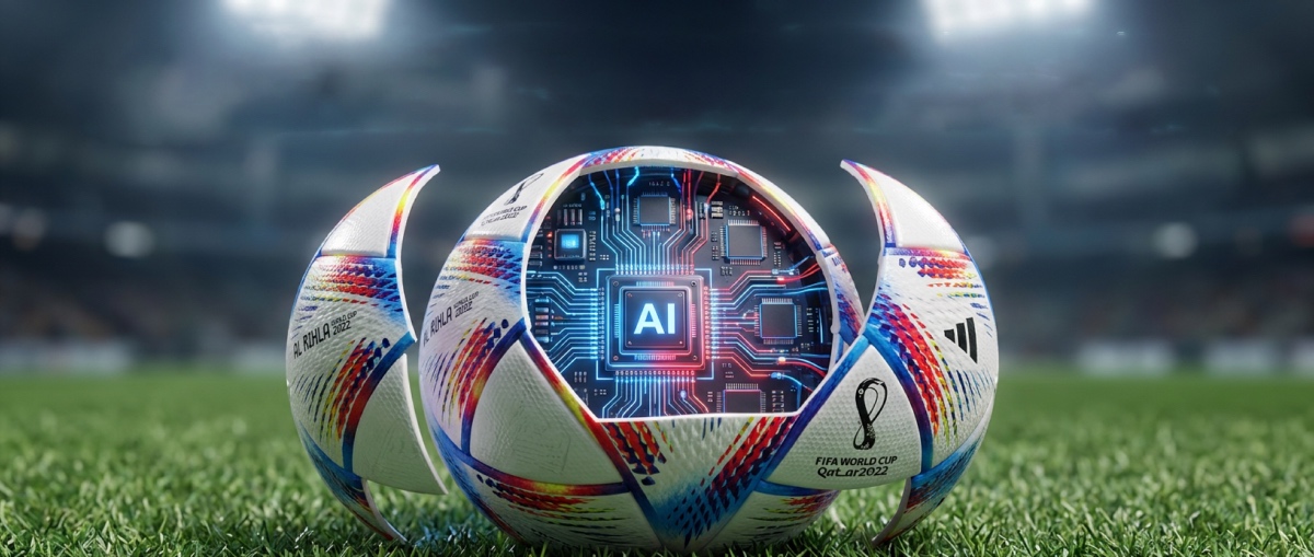 Imagen generada con IA acerca del balón del mundial con mucha tecnología