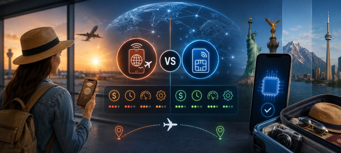Imagen desarrollada con IA sobre: eSim vs Roaming
