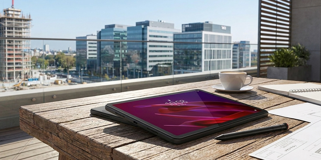 Imagen generada con IA de la tableta Lenovo ThinkTab 11 en un escenario fuera de la oficina